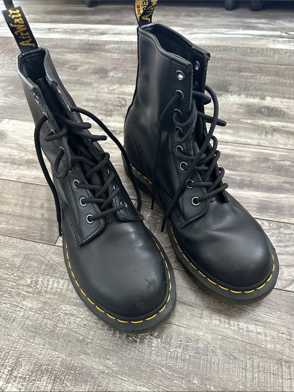 Dr. Martens Black Leather Lace-Up Combat Boots with Yellow Stitching